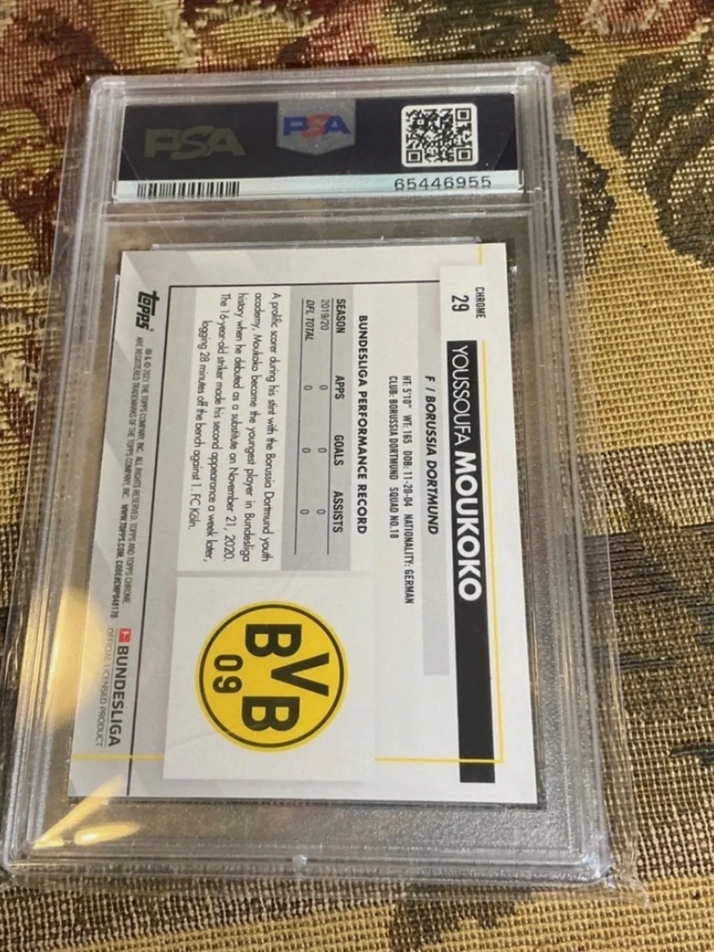 2020 Topps Chrome Bundesliga Sapphire Youssoufa Moukoko PSA 10 GEM MT Rookie RC